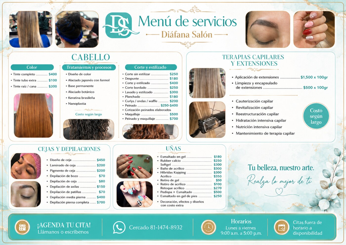 Vista del menú de servicios de Diáfana Salón